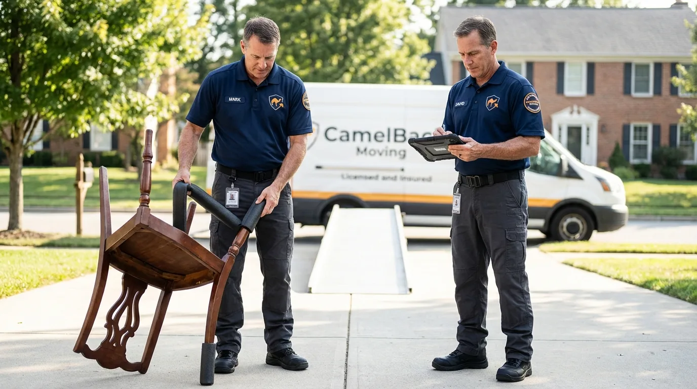 Movers inspecting furniture for damage prevention before loading in Knoxville, TN
