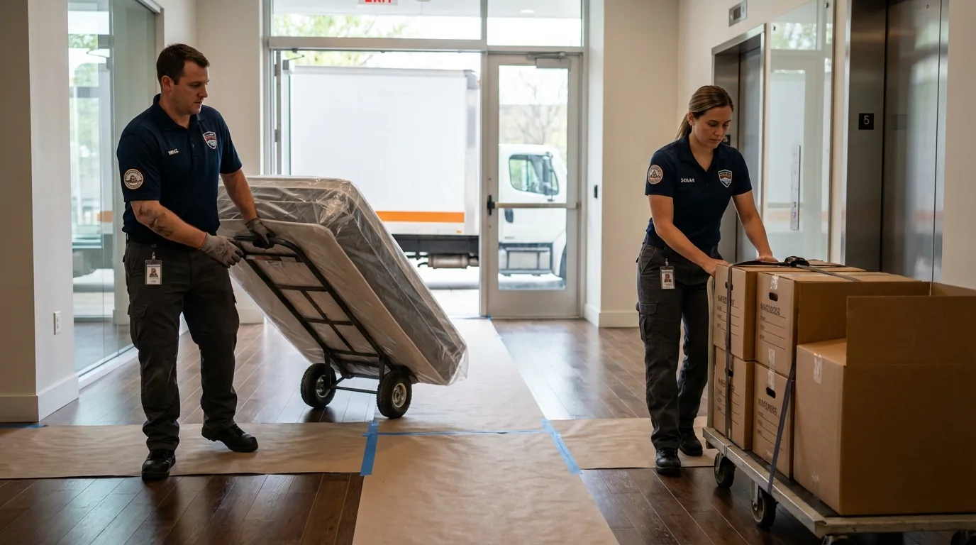 Professional apartment movers loading elevator in Knoxville, TN